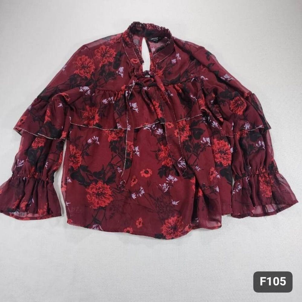 Lucky Brand Burgundy Floral Ruffle Bell Sleeve Blouse Boho Romantic XS
